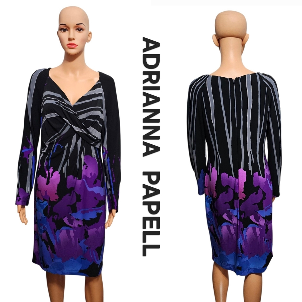 Adrianna Papell Floral and Stripped Long Sleeve Cottagecore Dress Sz 12